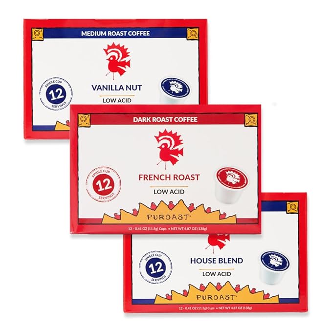 Puroast Low Acid Coffee Pods – House Blend Medium Roast French Roast Dark Roast &amp Vanilla Medium Roast – Single Serve Pods – Keurig Compatible – High Antioxidants – GERD Friendly – 3 Pack 12 Ct