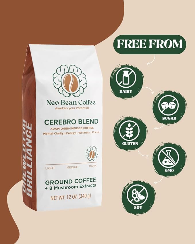 Neobean Cerebro Blend 12 oz Bag - Freshly Roasted Specialty Coffee with 8 Adaptogen Mushrooms - Mushroom Coffee