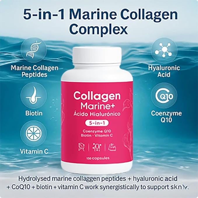 Hydrolyzed Marine Collagen + Hyaluronic Acid Formula – 5-in-1 Beauty &amp Wellness Blend with CoQ10 Biotin &amp Vitamin C – Vegan Friendly Non-GMO 150 Capsules
