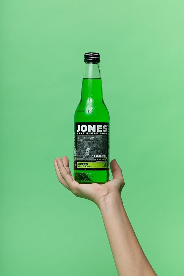 Four(4) Bottles - Jones Soda Co. Green Apple Soda Flavor | 100% Cane Sugar Soda | Craft Soda Pop | Soda Soft Drinks | Glass Bottle Soda