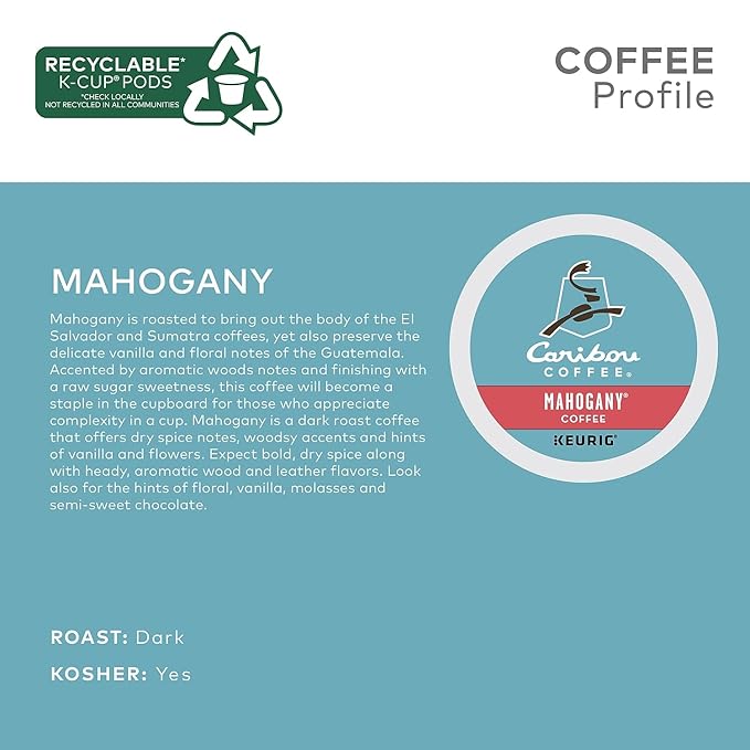 Caribou Coffee Mahogany Single-Serve Keurig K-Cup Pods Dark Roast Coffee 96 Count