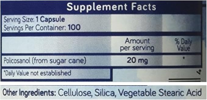 Purethentic Naturals Policosanol 20mg | Supports Cardiovascular &amp Cholesterol Health* | Free Radical &amp Antioxidant Protection* | from Pure Sugar Cane with No Unnecessary Fillers | 100 Veg Caps