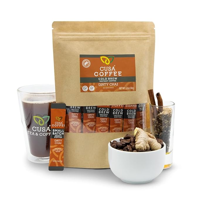 Cusa Tea &amp Coffee Dirty Chai Cold Brew. Premium Instant Coffee Rainforest Alliance Certified Arabica Beans. Drink Mix Packets Ready in Seconds Makes Hot or Iced Coffee (30 Servings)