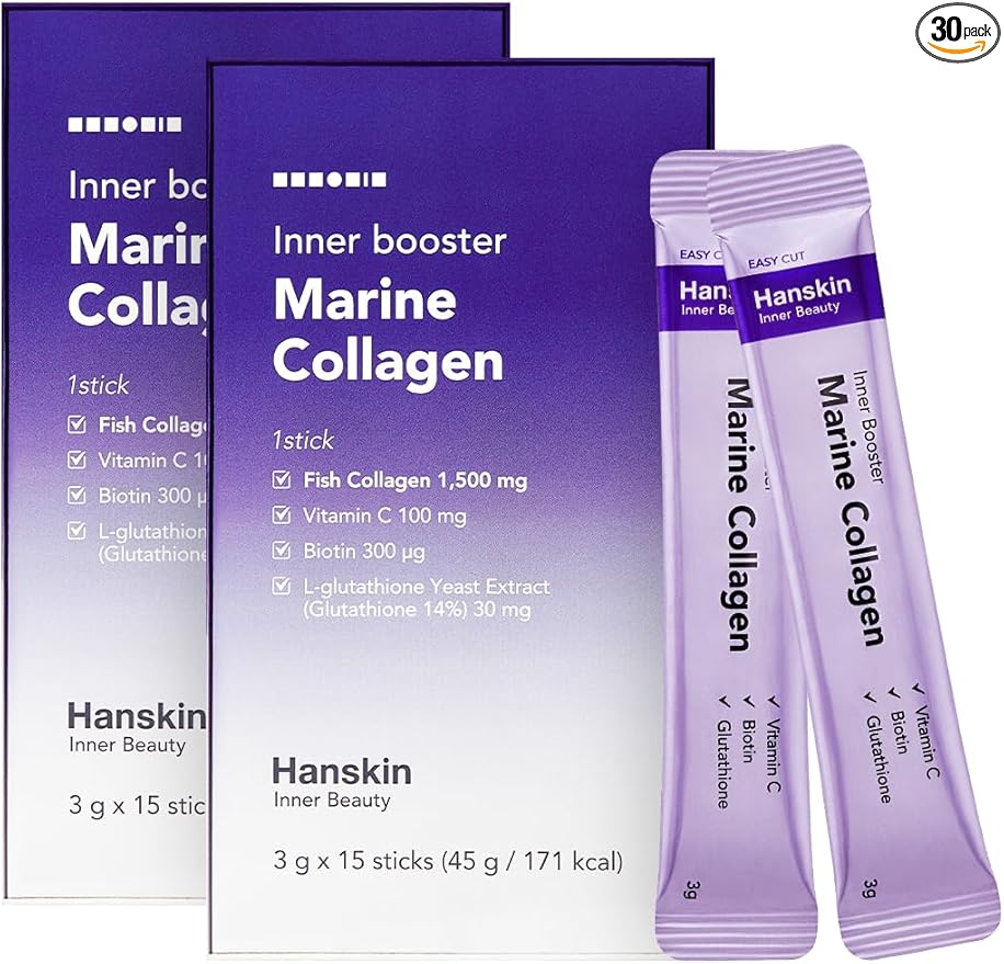 Hanskin Marine Collagen Powder Packets for Skin Volume Hair Wrinkles &amp Nails | Biotin Vitamin C Glutathione | Nutritional Supplement for Healthy Skin 2g x 30 Individual Sticks