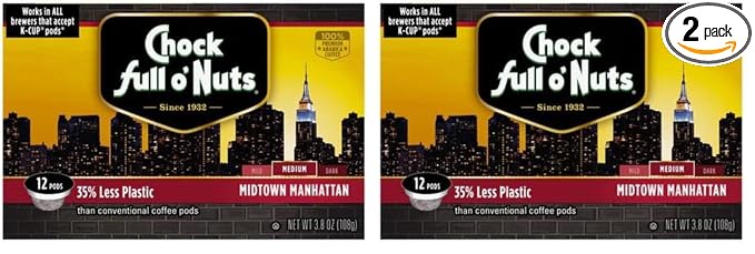 Chock Full o'Nuts Manhattan Medium Roast K-Cup Compatible Pods (12 Count) - 100% Arabica Coffee in Eco-Friendly Keurig-Compatible Single Serve Cups (Pack of 2)