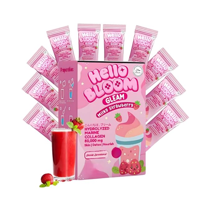 Hello Bloom Gleam Milky Powder Drink [10 Sachets x 18g] 6.3 Ounce (Pack of 1) Milky Strawberry