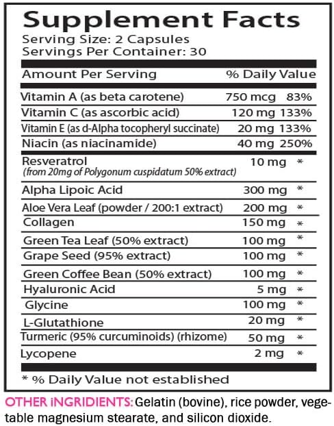 Collagen Care - Anti-Wrinkle Complex - Glycine L-Glutathione Firming Skin Aloe Vera Leaf Green Coffee Bean Hyaluronic Acid Smooth Complexion Lycopene Turmeric Power 2 Bottles 120 Capsules