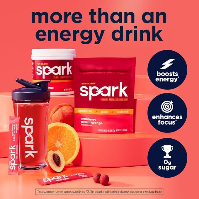 AdvoCare Spark - Energy Drink Mix - Vitamin &amp Amino Acid Supplement - Supports Energy &amp Focus* - Portable Immune Support* - Sugar-Free - Cranberry Peach Orange 14 Stick Packs (3.5 oz)