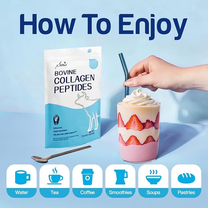 Semix Collagen Peptides Powder - Naturally-Sourced Hydrolyzed Collagen Powder - Hair Skin Nail and Joint Support - Collagen Supplements for Women and Men - 1 lb(22 Servings)