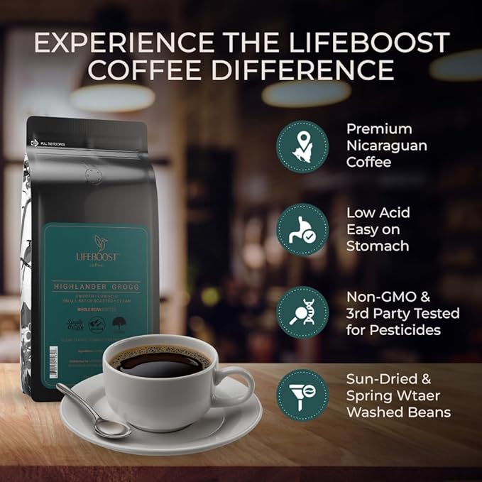 Lifeboost Highlander Grogg Whole Bean Coffee - Non-GMO Low Acid Single Origin Flavored Coffee Beans - Third Party Tested For Mycotoxins &amp Pesticides - 12 Ounces