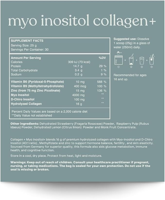 MYO INOSITOL Collagen+ Myo-Inositol &amp D-Chiro Inositol (40:1) Hydrolyzed Collagen Folate Zinc &amp Vitamin B6 Hormonal Balance Fertility Skin &amp Hair Support Strawberry Lemonade 750 g