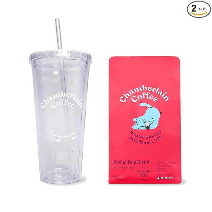 Chamberlain Coffee Social Dog Blend &amp Transparent Tumbler Bundle - Includes a 12 Oz Bag of Medium Roast Social Dog Blend Freshly Roasted In California &amp 24 Oz Transparent Double Wall Insulated