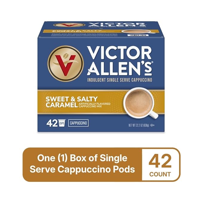 Victor Allen's Coffee Sweet and Salty Caramel Flavored Cappuccino Mix 42 Count Single Serve K-Cup Pods for Keurig K-Cup Brewers Brewers (Packaging May Vary)