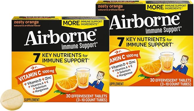 Airborne 1000mg Vitamin C + Zinc Sugar Free Multivitamin Immune Support Effervescent Fizzy Drink Tablets Zesty Orange Flavor with Powerful Antioxidants Vitamins A C &amp E 30 Tablets (2 Pack)