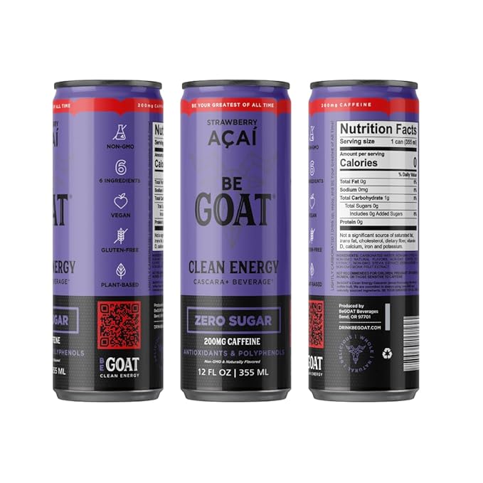 BeGOAT Clean Energy | Zero Sugar Variety Pack | 6 Ingredients Plant-Based Zero Sugar Non-GMO Vegan | 200mg Natural Caffeine | 12 fl oz Cans (Pack of 12)