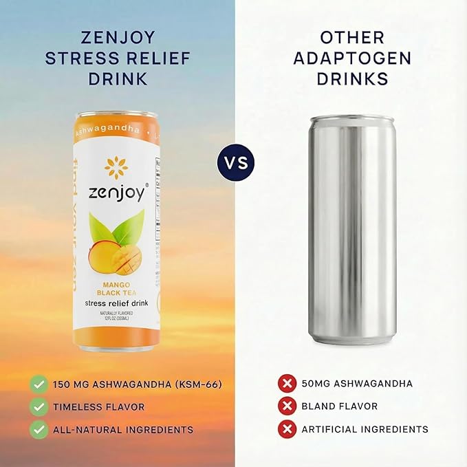 Zenjoy Stress Relief Drink Calming Black Tea Non Alcoholic Ashwagandha &amp Lemon Balm for Stress Relief L - Theanine for Focus (12 Pack) (Mango)