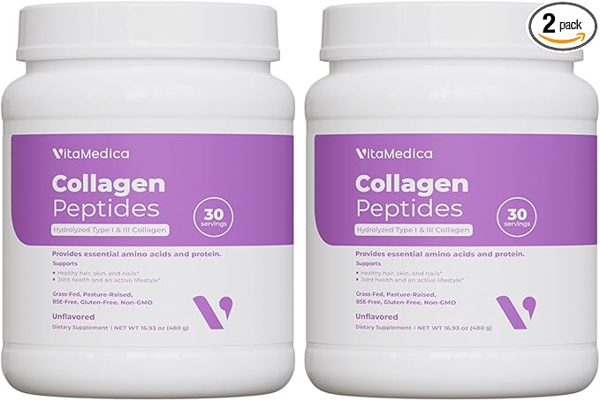 VitaMedica Collagen Peptides Powder for Women &amp Men - Healthy Hair Skin Nails Bones and Joints - Hydrolyzed Types I &amp III Grass-Fed Pasture-Raised Protein Zero Sugar - Pack of 2