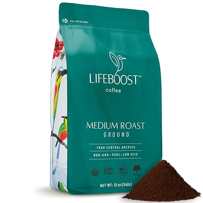 Lifeboost Coffee Ground Medium Roast Coffee - Low Acid Single Origin USDA Organic Coffee - Non-GMO Ground Coffee Third Party Tested For Mycotoxins &amp Pesticides - 12 Ounces