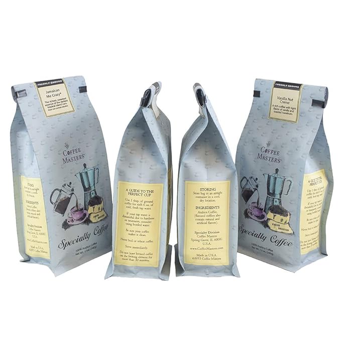 Coffee Masters Ground Coffee Sampler Jamaican Me Crazy Chocolate Raspberry Dark Chocolate Decadence Almond Amaretto 48 Ounce