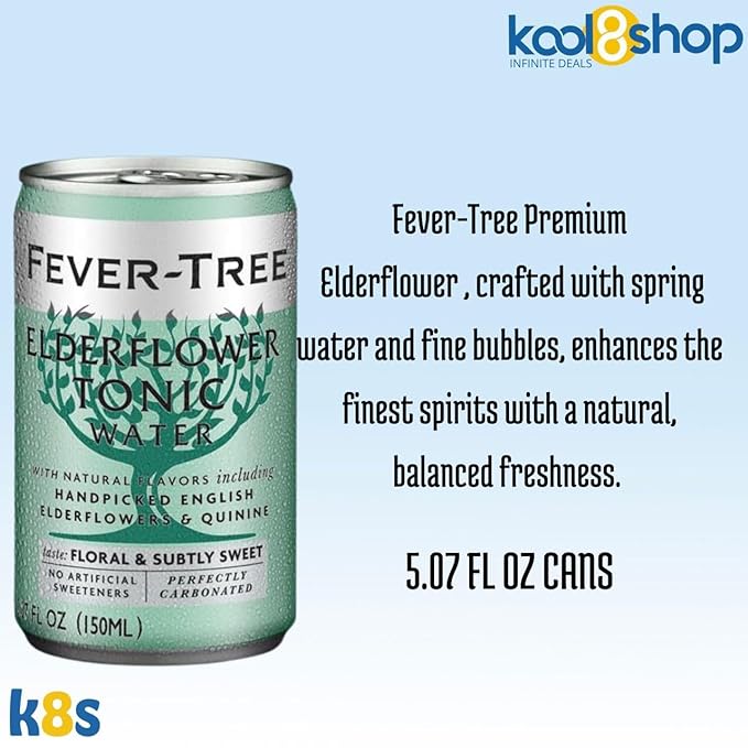 Fever-Tree Elderflower Premium Mixer 5.07 fl oz Aluminum Cans 24 Pack + 20 Plastic Stirrer Sticks by KOOL8SHOP Infinite Deals