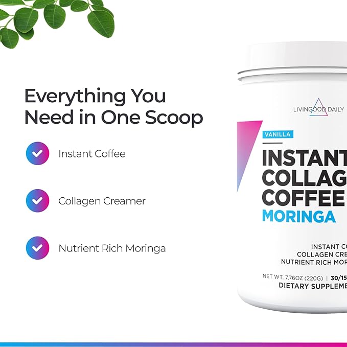 Livingood Daily Instant Collagen Coffee with Moringa Vanilla - Instant Ground Coffee - Low Acid Shade Grown &amp Made with Organic Coffee - Metabolism Detox &amp Energy Boosting - 12 Oz