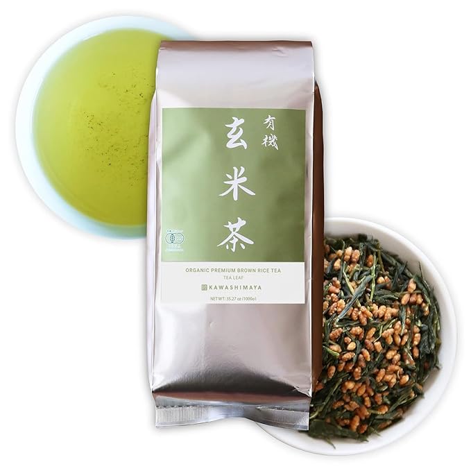 Kawashimaya Organic Genmaicha 35.27 oz (1000g) - Japanese Green Tea with Roasted Brown Rice Loose Leaf Made in Japan