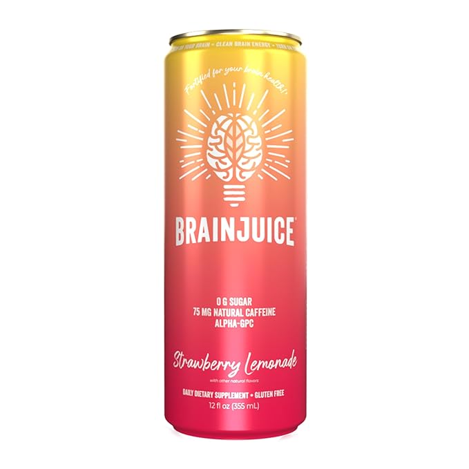 Brainjuice Brain Health Support Drink for Energy &amp Focus Vitamin C B5 B6 &amp B12 L Theanine Alpha GPC &amp Natural Caffeine From Green Tea Vegan Gluten Free Strawberry Lemonade 12 Oz C
