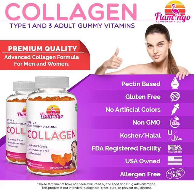 Collagen Gummies- Natural Marine Collagen for Women and Men- Collagen Supplements for Skin Hair Nails- Hydrolyzed Type 2 &amp 1 3- Replace Pills and Powders - No Gelatin Kosher Halal- 100 Ct.