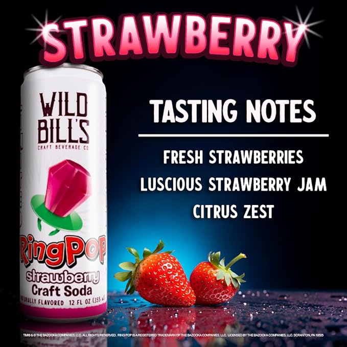 Wild Bill’s Strawberry Ring Pop Craft Soda Pop Soft Drinks – Pure Cane Sugar No HFCS Caffeine Free Vegan Gluten Free Low Sodium Lightly Carbonated – 12 Oz Cans 12 Pack