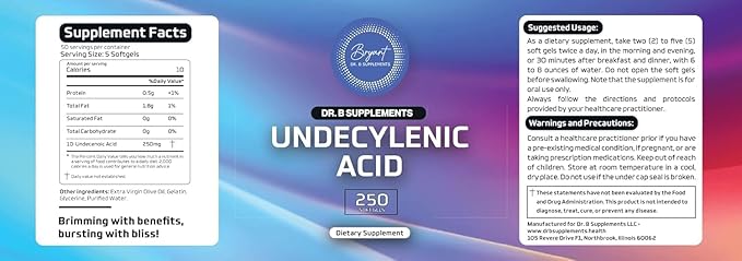 Undecylenic Acid - 250 mg Formerly SF722 Fatty Acid to Support a Healthy Balance of Gut and Vaginal Flora - Dr. B Supplements - 250 SoftGel Capsule - 50 Servings