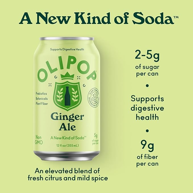 OLIPOP Prebiotic Soda Pop Ginger Ale A New Kind of Soda Packed with Prebiotics Fiber and Botanicals Gluten Free GMO Free 12oz (12-Cans)
