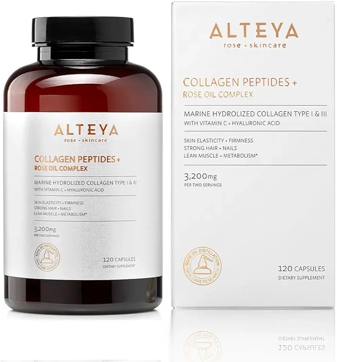 Alteya Organics Collagen Peptides &amp Rose Oil Complex – Beauty Supplement with 3200mg Marine Hydrolyzed Collagen Type I &amp III Vitamin C &amp Hyaluronic Acid – Skin Hair Nail &amp Joint Sup