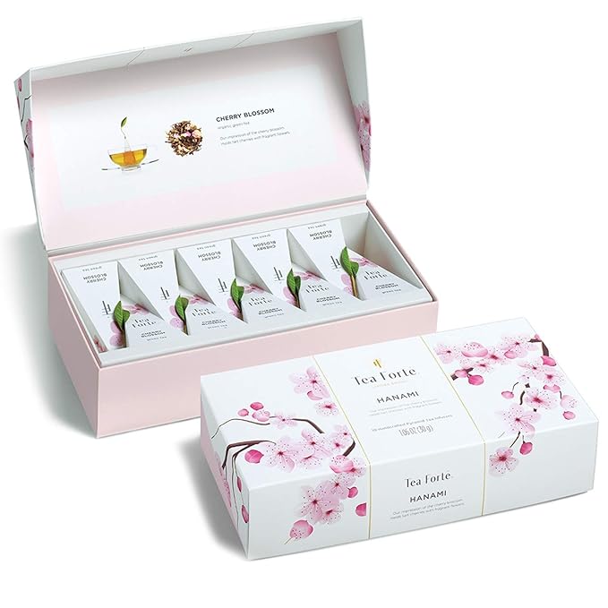 Tea Forte Premium Petite Presentation Box Gift Set Sampler 10 Count 2 of Each Blend Individually Wrapped Handcrafted Pyramid Infuser Bags Cherry Blossom