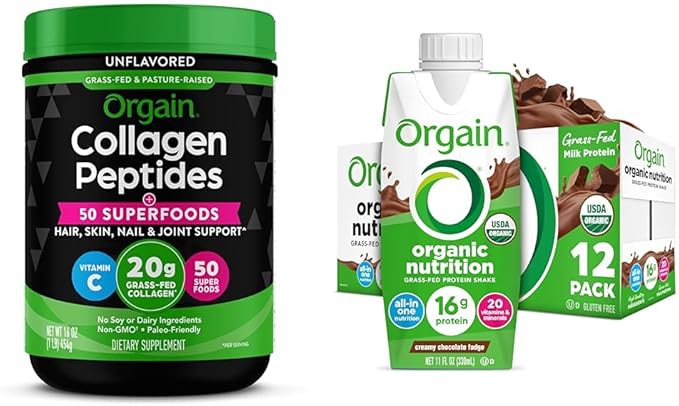 Bundle of Orgain Hydrolyzed Collagen Powder + 50 Organic Superfoods 20g Grass Fed Collagen 1lb + Orgain Organic Nutritional Protein Shake Creamy Chocolate Fudge 16g Grass Fed Whey Protein 12 Pack