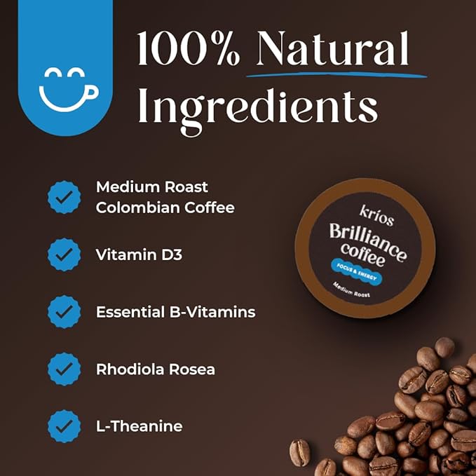 Krios Coffee Brilliance Coffee Pods Enhance Energy &amp Focus with Essential Vitamins L-Theanine Bacopa Monnieri &amp Rhodiola Rosea Medium Roast Smooth 16 Ct