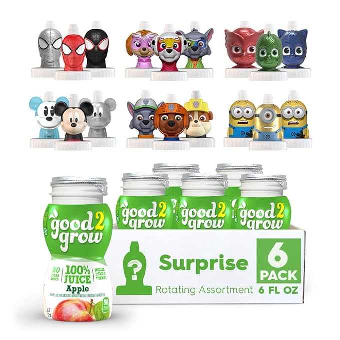 good2grow Surprise Character 6 Pack 100% Apple Juice Spill Proof Tops New Characters Available Every 2 Months 6-Ounce Bottles Non-GMO with no Sugar Added and Excellent Source of Vitamin C
