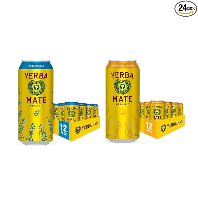 Yerba Madre Organic Yerba Mate Clean Energy Drink Alternative Bundle Bluephoria &amp Awakening Orange Flavors 15.5 Oz (Pack of 24) 150mg Natural Caffeine Smooth Energy &amp Focus