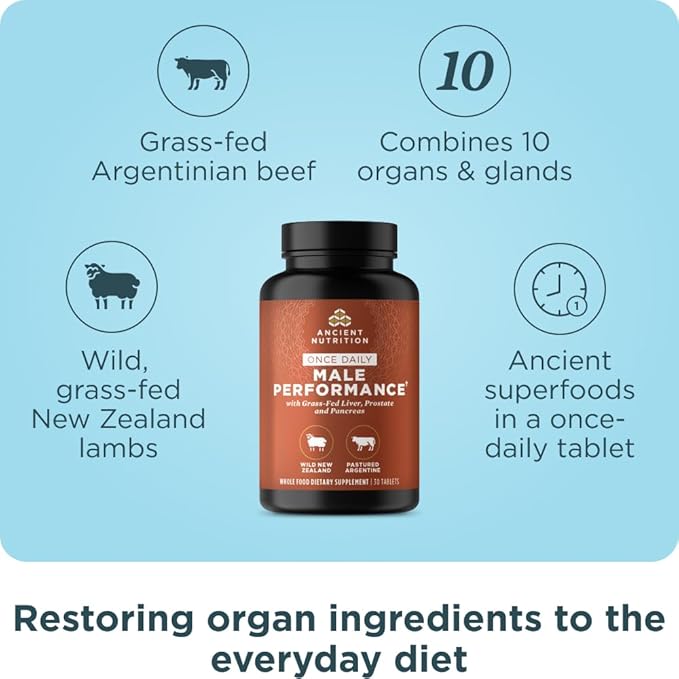 Ancient Nutrition Organ Supplements for Men Once Daily Grass-Fed and Wild Organ Complex Tablets Liver Prostate Pancreas Supports Male Performance Healthy Aging 30 Ct
