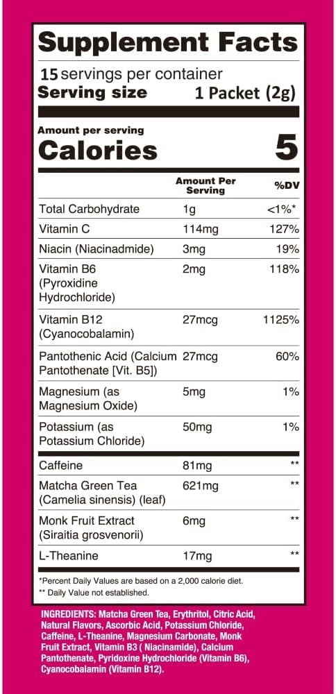 Ujido Matcha Energy Packets Lemon Flavor Sugar-Free Monkfruit Non-GMO Antioxidant Keto &amp Vegan 2g x 15 Count