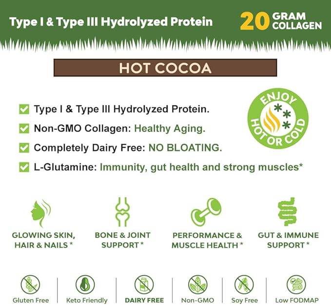 MariGold Grass-fed Collagen Peptides Powder Hot Cocoa 1LB - 100% Pure Type I &amp III Bovine Hydrolyzed Collagen Non-GMO Hormone Free Soy Free Gluten Free Dairy Free Keto-Friendly