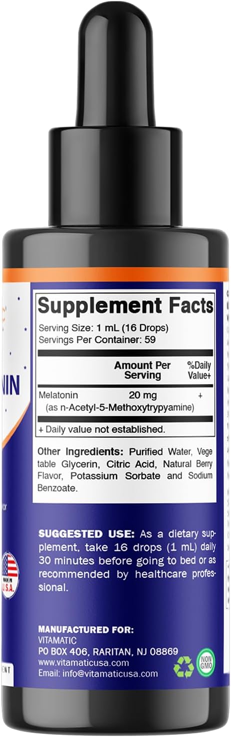 Vitamatic 4-Pack Melatonin 20mg Liquid Drops - 2 fl oz (59 ml) Each - Natural Berry Flavor - Non-GMO Vegetarian Supplement for Adults