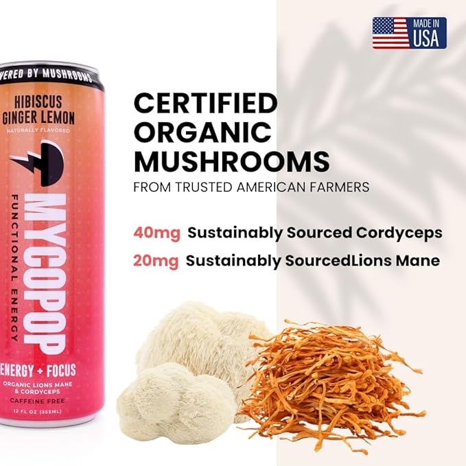 Mycopop Functional Mushroom Energy Drink Caffeine-Free 25 Calories with Lions Mane &amp Cordyceps Hibiscus Ginger Lemon Flavor 12 fl oz