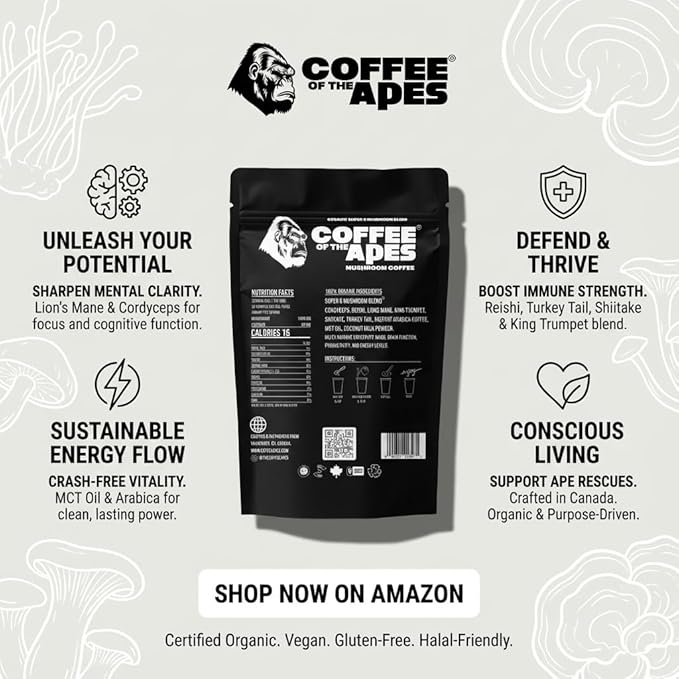 Coffee Of The Apes - Organic Instant Mushroom Coffee - High Potency Functional Adaptogen Drink with Lion's Mane Cordyceps Reishi Turkey Tail King Trumpet Shiitake Real Arabica Beans and MCT OIL