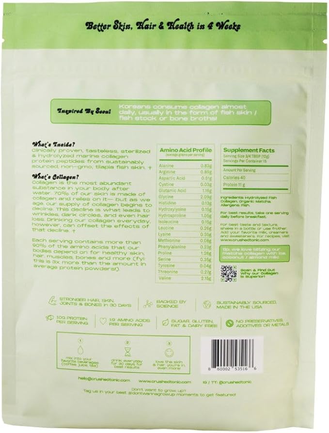 Crushed Tonic Marine Collagen Powder Korean Beauty Drink with Hydrolyzed Collagen Peptides for Skin Hair &amp Nails | Gluten-Free Halal &amp Kosher (Matcha 30 Servings (150 g) Pouch)