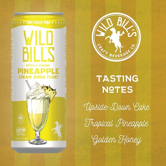 Pineapple - Wild Bill's Zero Sugar Cream Soda Zero Artificial Colors Flavors or Preservatives Naturally Sweetened (Individual 12oz Cans12-Pack)