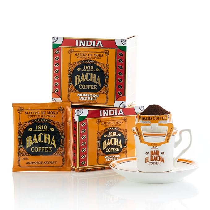 Bacha Coffee | Monsoon Secret India Single Origin Medium Dark Roast 100% Arabica Specialty Coffee 12 Coffee Drip Bags Gift Box