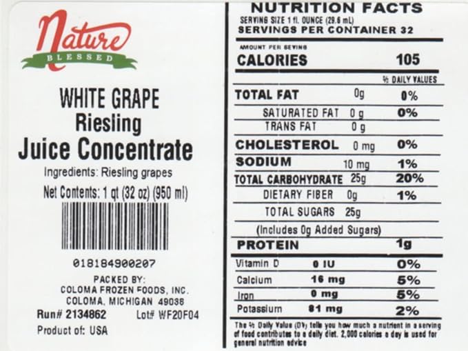 Nature Blessed 100% Riesling White Grape Fruit Juice Concentrate - 2 Quarts (2/32 fl oz bottles) Applications: Home Wine Making Distilling Hard Cider Smoothies Jelly Production