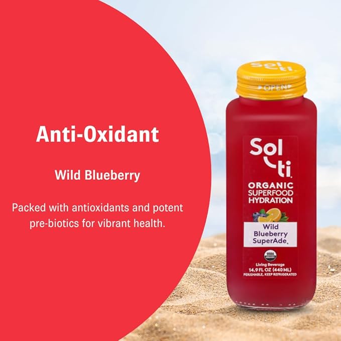 Organic SuperAde Hydration Drink with Powerful Anti-Oxidants SuperFood Lemonade by Sol-ti Cold-Pressed Wild Blueberry and Lemon Juice Blend 16 Pack (14.9 Fl oz)