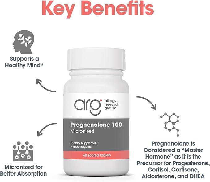 Allergy Research Group ARG Pregnenolone 100 mg - Micronized Hormone Precursor Support - Highly Bioavailable - Hypoallergenic - 60 Servings - 60 Scored Tablets