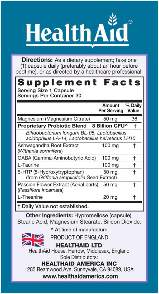 HealthAid SleepProbio Vegan Sleep Support Supplement 30 Capsules Once Daily Probiotics and Herbs to Support Restful Sleep &amp Relaxation